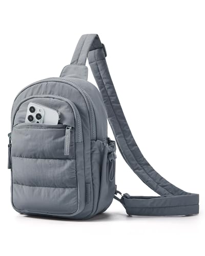 BAGSMART Puffer Sling Bag for Women, Quilted Small Crossbody Bag Lightweight Multi Pockets for Travel Sports Hiking, Grey
