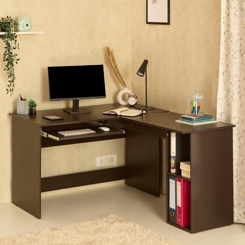 Image of Green Soul Brixton (2026 Edition) L-Shape Computer Table for Home PC, Keyboard Tray, 2 Storage Shelves, IS-3087 Engineered Wood, Expansive Tabletop, Wenge, 3 Year Assurance