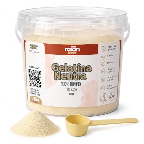 RAIAN FOODS® Gelatina Neutra en Polvo 100% Bovino 1kg 260 BLOOM Halal + Dosificador 30 ml + QR con Recetario y Contenido Exclusivo | Sin Sabor para Repostería y Cocina, Sin Azúcar, Sin Lactosa