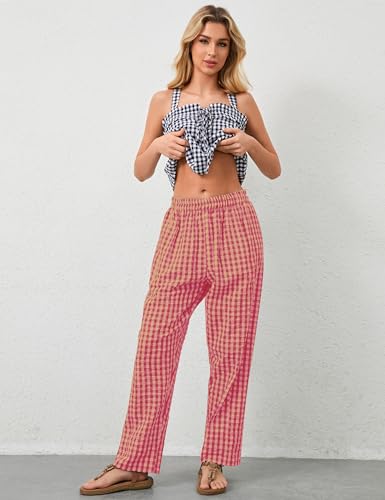 OLAPTA Women Plaid Print Gingham Comfy Lounge Pants Wide Leg Mid Rise Elastic Waist Loose Casual Long Trousers with Pockets2