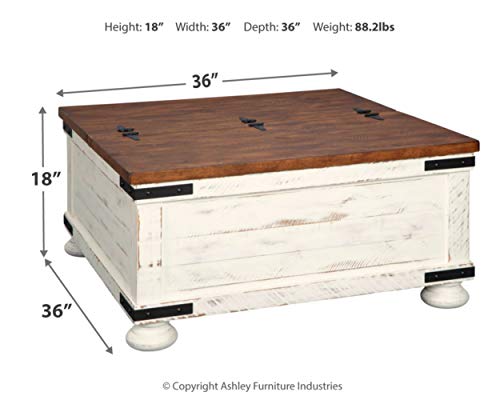 Signature Design By Ashley Wystfield Farmhouse Square Storage Coffee Table With Hinged Lift Top, Distressed White #TOP2