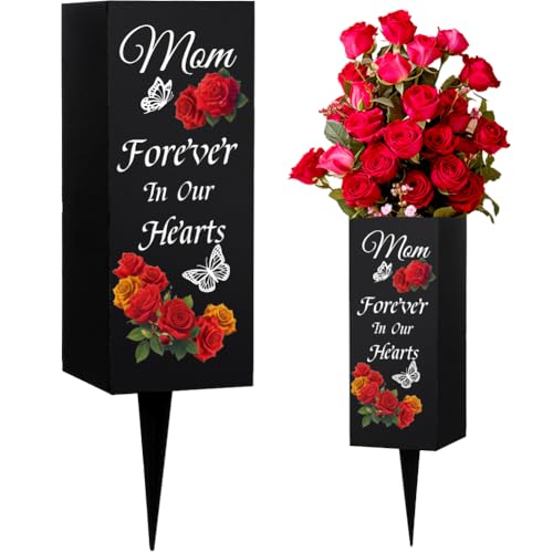 WEBEEDY Mom Cemetery Vases Mom Cemetery Decorations for Grave Metal Grave Flower Holders with Spikes Roses Butterflies Black Sympathy Cemetery Memory Sign for Funeral Happy Heavenly Birthday,8x20 cm