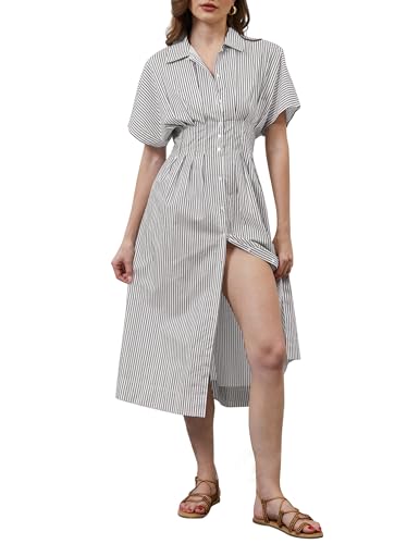 Image of MSBESYOR Women Button Front Pleated Shirt Maxi Dress Summer Striped Prints Short Sleeve Collar Casual Long Dresses