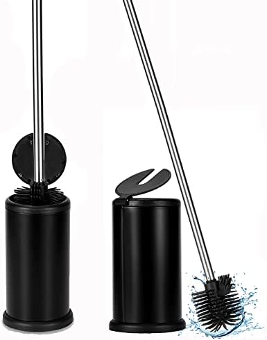 Toilet Brush and Holder Silicone with Stainless Steel Long Handle Free Standing Toilet Bowl Brush and Bin Set Black