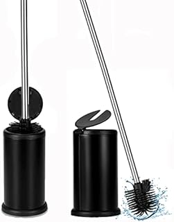 Toilet Brush and Holder Silicone with Stainless Steel Long Handle Free Standing Toilet Bowl Brush and Bin Set Black