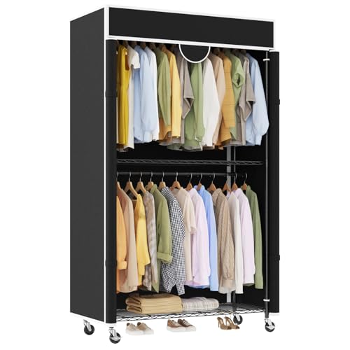 Heavy Duty Clothes Rack with Cover, 485LBS Capacity, Portable Closet Wardrobe on Wheels, Carbon Steel, Dustproof, Tool-Free Assembly, Clothes Racks for Hanging Clothes, for Bedroom, Laundry,