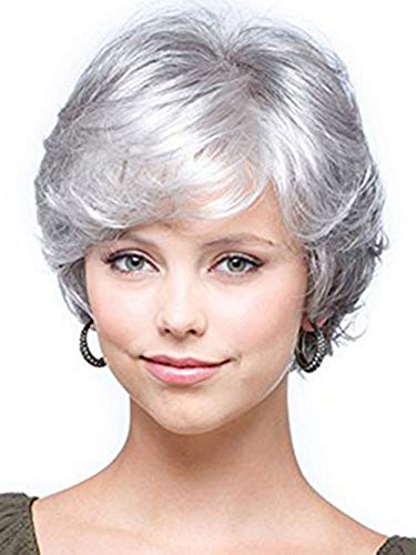 Fencca Gray Wigs for Women Short Curly Wig with Bangs Heat Resistant Synthetic Full Wig Old Lady Daily Party Hair Wigs with Wig Cap (Silver Gray) LDS056