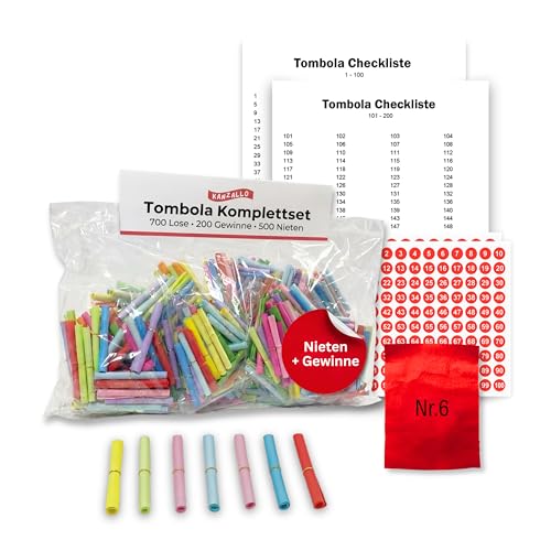 Kanzallo Tombola Lose Set mit Nieten Lose Tombola Gewinnlose & Nieten nummerierte Tombolalose inkl. Checkliste & Sticker für Schule Verein & Party (200 Gewinne / 500 Nieten)