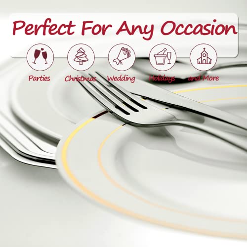 Ricpok 100 Piece Plastic Party Plates White Gold Rim, 50 Premium Heavy Duty 10.25 Inch Dinner Plates And 50 Disposable 7.5 Inch Dessert Appetizer Elegant Fancy Wedding Plates #TOP2