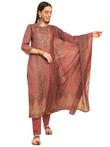 Image of SheWill Kurta Sets for Women - Red Rayon Aari Hand Work with Digital Floral Print Kurta with Pant and Chanderi Dupatta |Stylish Printed Summer Kurti Set