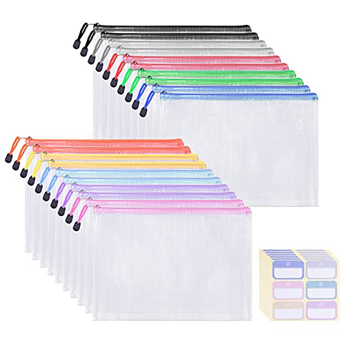 Homeweeks Mesh Zipper Pouch - Waterproof Document Clear Bags - Plastic Zip Pouches File Folders Pencil Pouch Letter Size/A4 Size for Office School Supplies Cosmetics Travel Storage 20 Pack 10 Colors