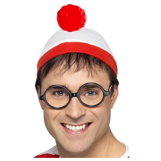 Smiffys Kit instantáneo ¿Dónde está Wally?, Rojo y blanco, con gorro y gafas Halloween