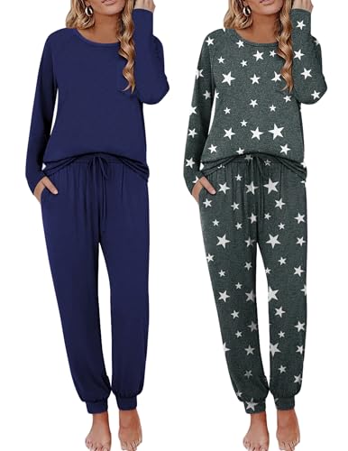 Image of Ekouaer 2 Pack Womens Pajama Sets Long Sleeve Pjs Soft Comfy Lounge Set