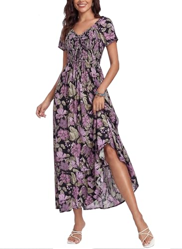 Image of Summer Smocked Boho Maxi Dress for Women 2026 Short Sleeve Floral Smocked Flowy Ruffled Beach Vacation Dresses Lightweight