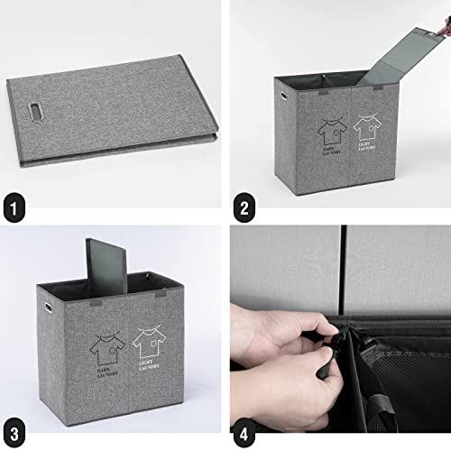 Techmilly Double Laundry Hamper With Lid, 140L Large Foldable Dirty Cloth Basket 2 Section With Removable Liners, Tall Divided Laundry Baskets With Handles For Bedroom, Closet, Bathroom - Grey #TOP7