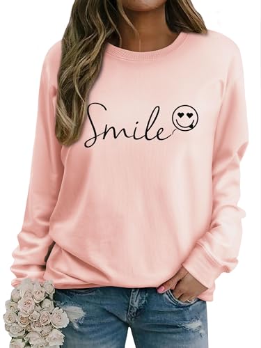 Dresswel Womens Sweatshirt Vintage Funny Smile Face Graphic Print Crewneck Long Sleeve Tops Ladies Pullover Basic Cotton Jumpers Blouse (Light Pink, L)