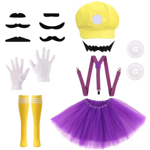 Mario Costume, Halloween Costume, 7 Pcs Costume Accessory with Hat, Mustaches, Gloves, Skirt, Suspenders and Socks, for Boy Girl Halloween Cosplay Costume Christmas Decoration