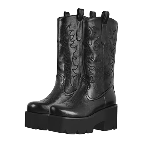 richealnini Mid Calf Boots for Women Embroidered Pull-On Knee High Booties