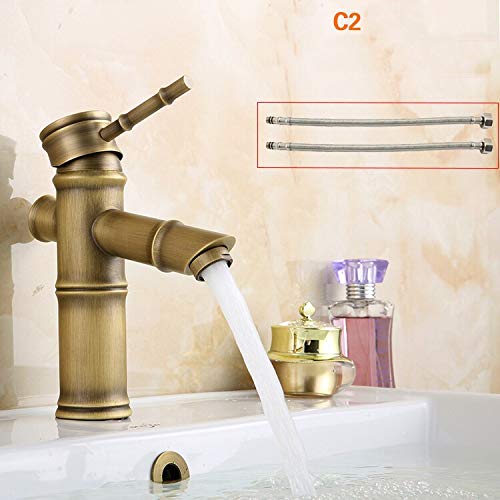 Mercury_Group, Waterfall Antique Brass Finish Commercial Bathroom Vessel Sink Faucet - Bamboo Shape Design, Hot Cold Water Mixer Taps - (Color:C2 with 2 hoses 60cm; Ships From:China)