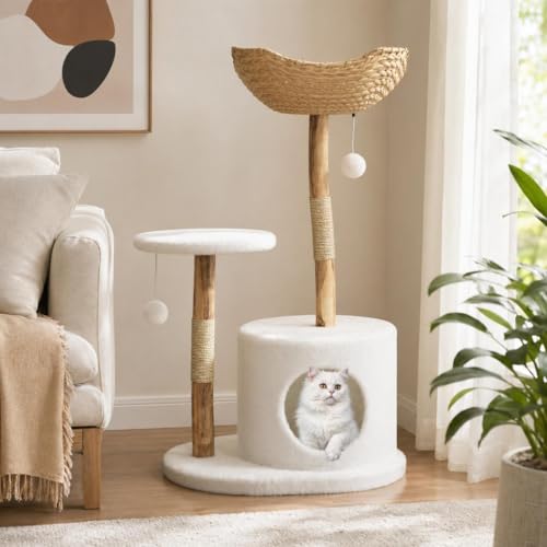 Fectiontool Real Wood Modern Cat Tree for Indoor Cats Large Adult, 46-Inch Wooden Cat Tower with Scratching Post and Bed, Minimalist Boho Furniture, Easy Assembly