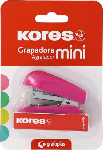 Kores - Mini agrafeuse fuchsia + 1000 agrafes 24/6, compatible avec 26/6, capacité 12 feuilles papier 80 g, 6 x 4,5 x 3 cm, distance agrafée 17 mm, idéal comme matériel de bureau, parfait pour trousse