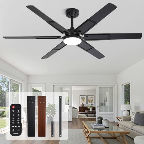 60 Inch Ceiling Fans with Lights and Remote Living Room Office Library Cafe Indoor Outdoor Industrial 5CCT Dimmable Dual Color 6 Blades 6 Speed Reversible Quiet DC Motor Black/Wood Grain