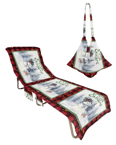 Red Plaid Christmas Snowman Beach Lounge Chair Towel Cover, Soft Chaise Lounge Towel with Side Pockets Patio Pool Chairs Cover for Beach/Pool Sunbathing 29x85 Xmas Winter Snowflake