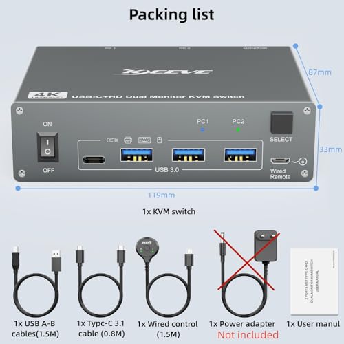 Image of KVM Switch 2 Monitors 2 Computers USB C + HDMI, Dual Monitor USB 3.0 USB Typc C KVM Switcher Supports 4K@60Hz for 2 Computers Share Keyboard, Mouse and Monitor