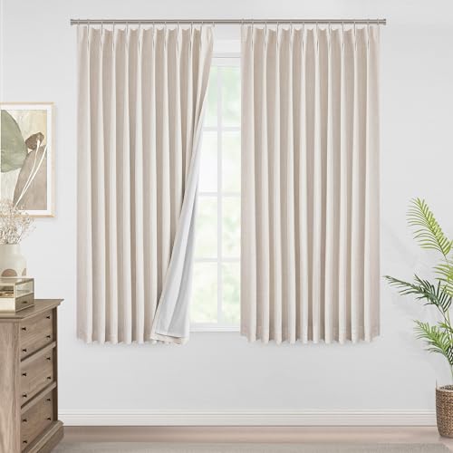Image of Vision Home Natural Pinch Pleated Full Blackout Curtains Linen Blended Room Darkening Window Curtains 72 inch for Living Room Bedroom Thermal Insulated Pinch Pleat Drapes with Hooks 1 Panel 60 inchWx72 inchL
