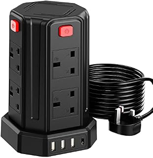 Tower Extension Lead with USB Slots, 3M Multi Plug Extension 8 Outlets and 4 USB (1 Type C and 3 USB Ports) [13A 3250W] Surge Protector Extension Lead with Widely Spaced Outlets for TV PC Tablets