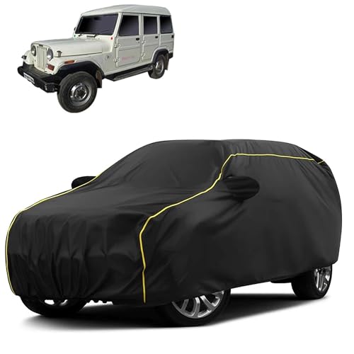 Image of Sulfar 100% Water Resistant Car Body Cover Compatible with Mirror for Mahindra Marshal (Triple Stitched, Full Bottom Elastic, Black Taffeta with Yellow Piping)