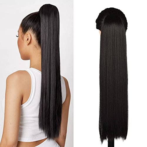 Ponytail Extension Clip in Drawstring Long Straight Ponytail Hair 24 Inch Extensions Natural Soft Synthetic Hairpieces for Women Girls (#1B, 24 Inch)
