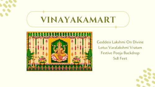 Image of varlaxmi puja Decoration Cloth | Goddess Lakshmi On Divine Lotus Varalakshmi Vratam Festive Pooja Backdrop 5x8 Feet | Lakshmi puja Backdrop