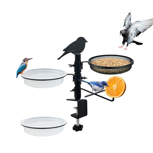 Deck Railing Bird Feeder for Balcony with Platform Metal Mesh Tray,2 Bird Bath Water Bowls and Fruit Station,Deck Rail Mounted Birds Feeder for Outside Wild Birds&Squirrel