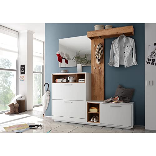 MILANO Kompaktgarderobe in Weiß, Wildeiche Optik - Modernes Flurgarderoben Set mit Spiegel für Ihren Eingangsbereich - 177 x 195 x 32 cm (B/H/T)
