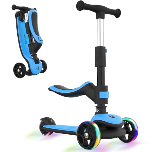 BELEEV Patinete 2 en 1 Niños, Asiento Desmontable, 4 Altura Ajustable, Ruedas LED Luminosas, Plataforma Anti-Deslizante Ancha, Plegable Scooter Patinete Carga Máxima 50 KG para Niños Niñas 3-12 Años