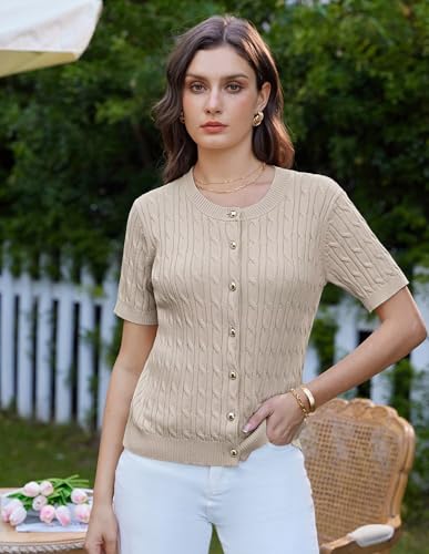 Image of GRACE KARIN Women's Short Sleeve Sweater Summer Open Front Cable Knit Cardigan Crewneck Button Up Knit Cardigans Jacket L Apricot