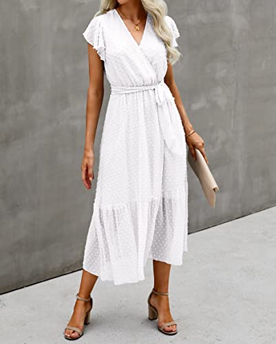 Image of BTFBM Women Summer Bohemian Floral Casual Wrap V Neck Ruffle Cap Sleeveless Belt A-Line Pleated Hem Midi Sun Dress White