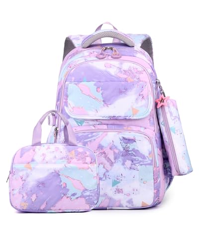 Amythe - Amythe Sac D'école Cartable Fille Primaire et Secondaire, 3 pièces Comprend Sac à déjeuner et Trousse à Crayons, Imperméable, 32 litres, Sac a Dos pour Enfants Filles 8 10-14 Ans, Pourpre