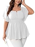 SCOMCHIC Womens Plus Size Peplum Tops Off The Shoulder Blouses Smocked Ruffle Babydoll Summer Top White
