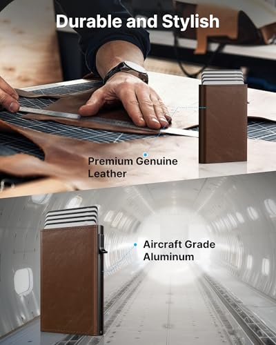 Image of typecase Mens Wallet Card Holder: Pop Up Aluminum Case, Genuine Leather, Smart, RFID Blocking, Slim, Minimalist, Front Pocket - 9-14 Card Capacity | ID Window | Cash Slot (Black Brown)