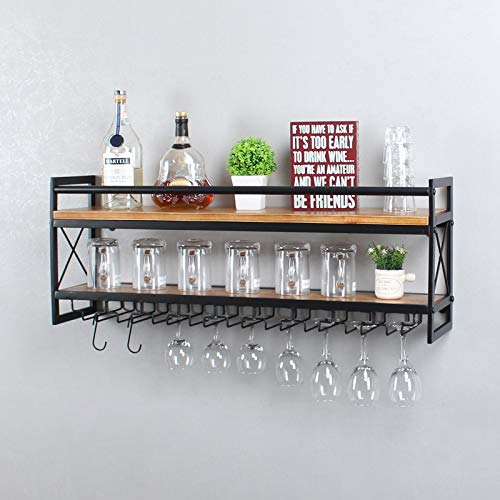 MBQQ Wine Rack Stemware Glass RackIndustrial 2-Tier Wood Shelf36 Wall Mounted Wine Racks with 9 Glass Holder for Wine GlassesMugsHome DecorBlack