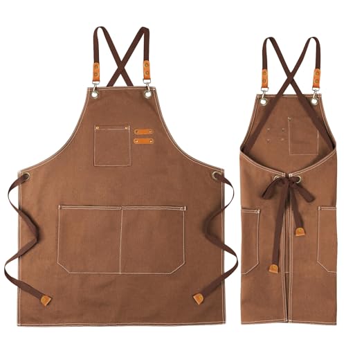 Image of UDIANIS Chef Apron for Men Women - Cross Back Workshop Apron for Cooking, Baking, BBQ, Art Painting - Heavy Duty Denim Work Apron with Pockets for Garden, Craft, Garage (Brown)