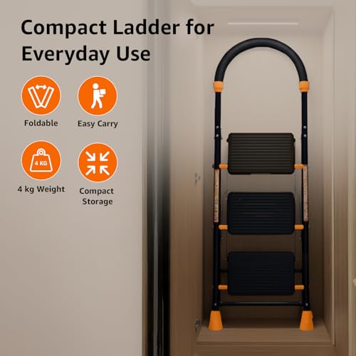 Image of Amazon Basics Curvo-Foldable Step Ladder, Ribbed Steps, Knee Guard, Non-Marring PVC Shoes, 3 Steps (Black & Orange)