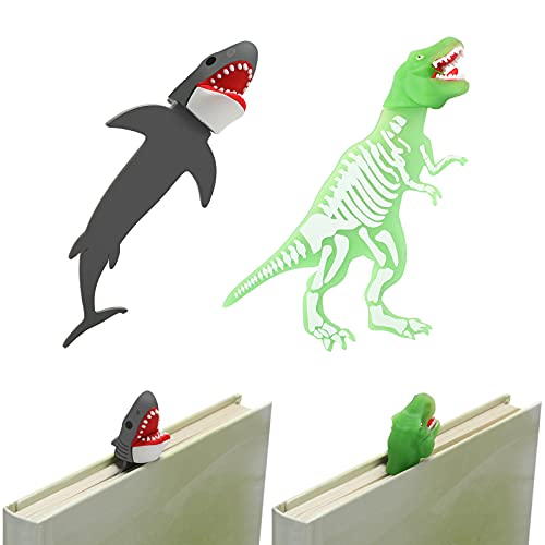 Lot de 2 marque-pages lumineux requin et dinosaure 3D en relief rigide