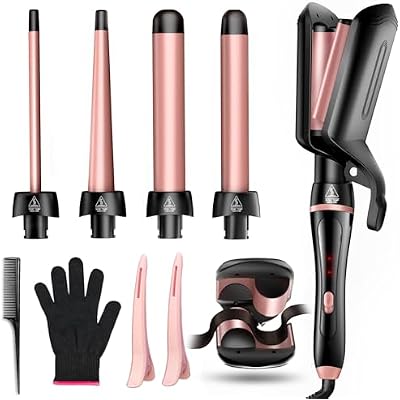 5 in 1 Curling Iron, Curling Wand Set Versatile Hair Curler Wand Kit for Waves Curls Blowout for All Hair Types 4 Interchangeable Ceramic Barrels(0.35-1.25'') Fast Heating for Travel and Home Use
