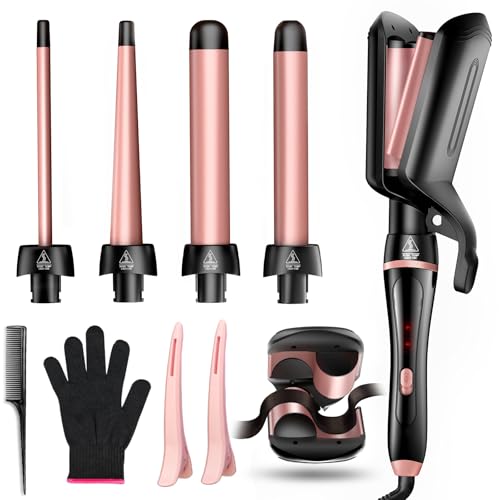 Ferro Arricciacapelli 5 in 1, Set Bacchetta per Capelli con Crimper Waver per Capelli e 4 Cilindri in Ceramica Intercambiabili(0.35"-1.25'')Riscaldamento Rapido Doppia Tensione Arricciacapelli Regali