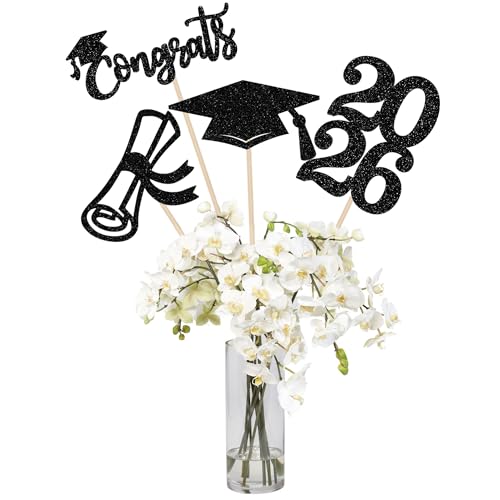 12PCS 2026 Graduation Centerpiece Sticks Double Sided Glitter Diploma Congrats 2026 Table Flower Centerpieces Grad Cap Class of 2026 Floral Decorations for 2026 Graduation Theme Party Supplies Black