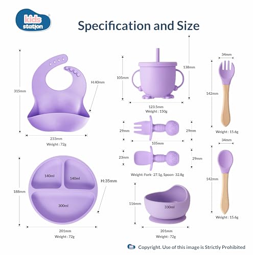 Image of Kids Station 8-Piece Silicone Baby Feeding Set | Suction Bowl, Plate, Bib, Cup, Spoon & Fork | 100% Food Grade BPA-Free Silicone | Non-Slip, Easy to Clean (Pack of 8, Purple)