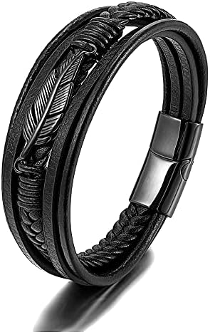 Vanski Mens Multilayer Braided Leather Bracelet Stainless Steel Angel Wing Feather Bracelet for Men